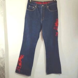 Vintage Express Jeans Y2K 99/00 Red Embroidery 100% Cotton Made in USA 9/10